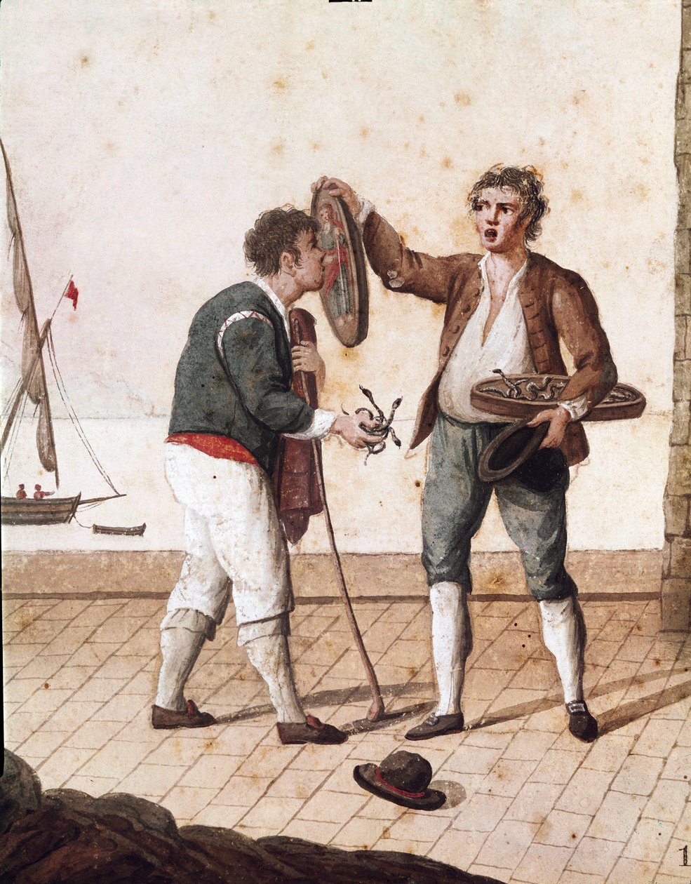 Vanhat napolilaiset muodot: pienten käärmeiden myyjät - (Vanhat napolilaiset ammatit: ruohokäärmeiden myyjä) 1800-luvun akvarelli - Napoli Museo Nazionale di San Martino tekijältä Italian School