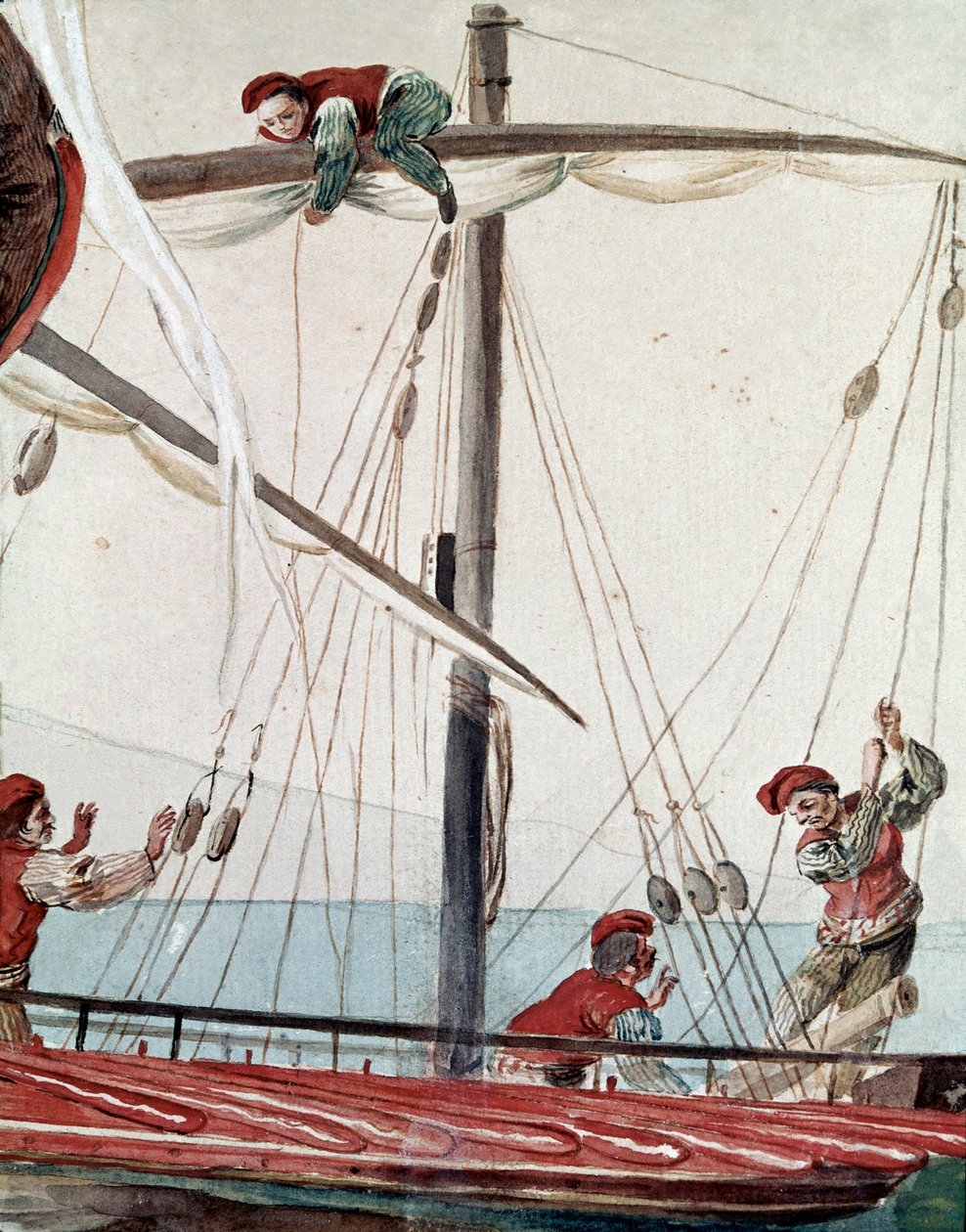 Vanhat napolilaiset kaupat: kalastusvene - 1800-luvun akvarelli - Napoli Museo Nazionale di San Martino tekijältä Italian School