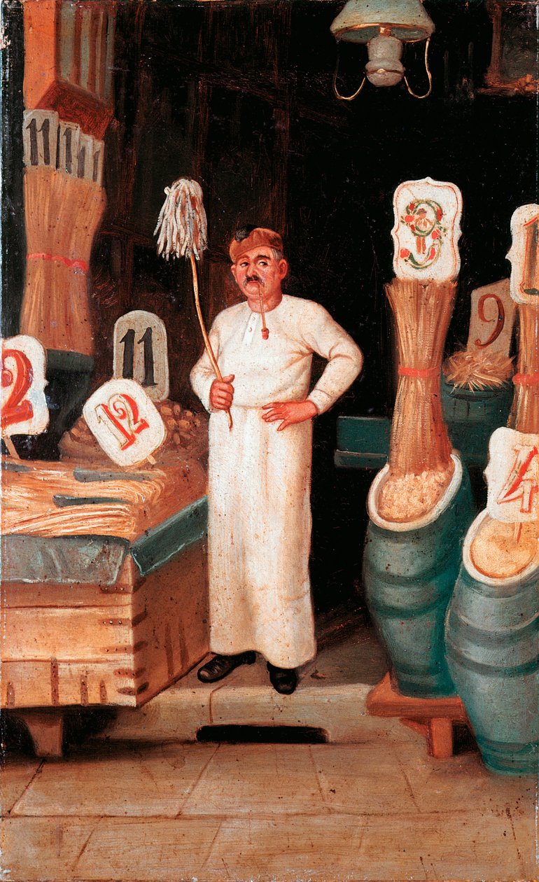 Vanha ruokalaji: pastamyyjän kauppa. Nimetön detrempe. 1800-luvun 1800-luvun pastan kansallismuseo, Agnesin säätiö, Rooma tekijältä Italian School