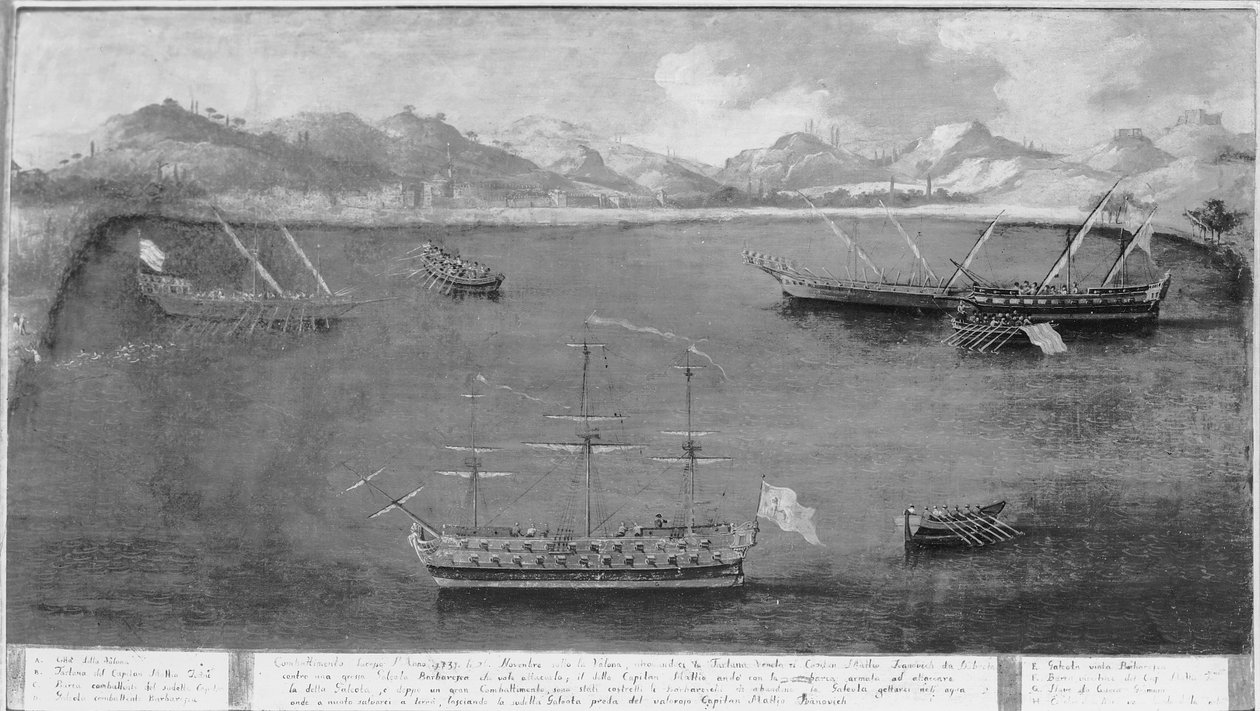 Yksi kuuluisan merimiehen, Mattio Ivanovich da Dobrotan, merivoimien rikoksista, n. 1730 tekijältä Italian School