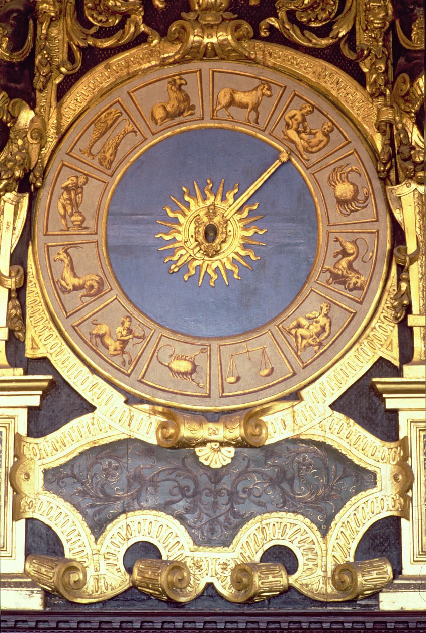 Orologio Zodicale (horoskooppikello) (freskot ja kullattua puuta) tekijältä Italian School