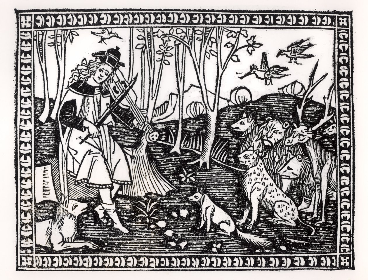 Orpheus leikkii eläimille, 1500 (puupiirros) (bw kuva) tekijältä Italian School