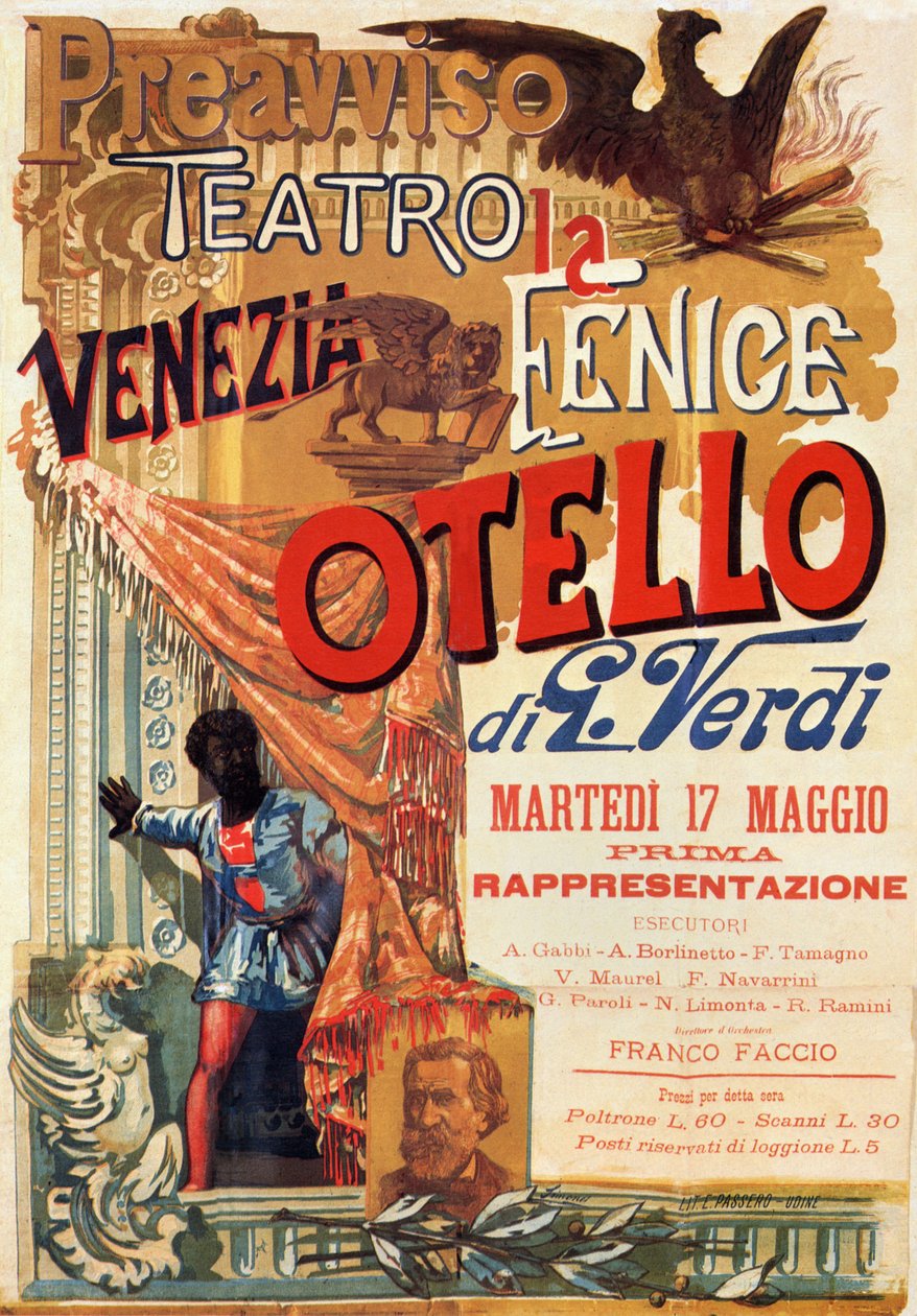 Otello: Juliste Verdin Otello-oopperan ensiesitykseen Teatro Fenicessä Venetsiassa tekijältä Italian School