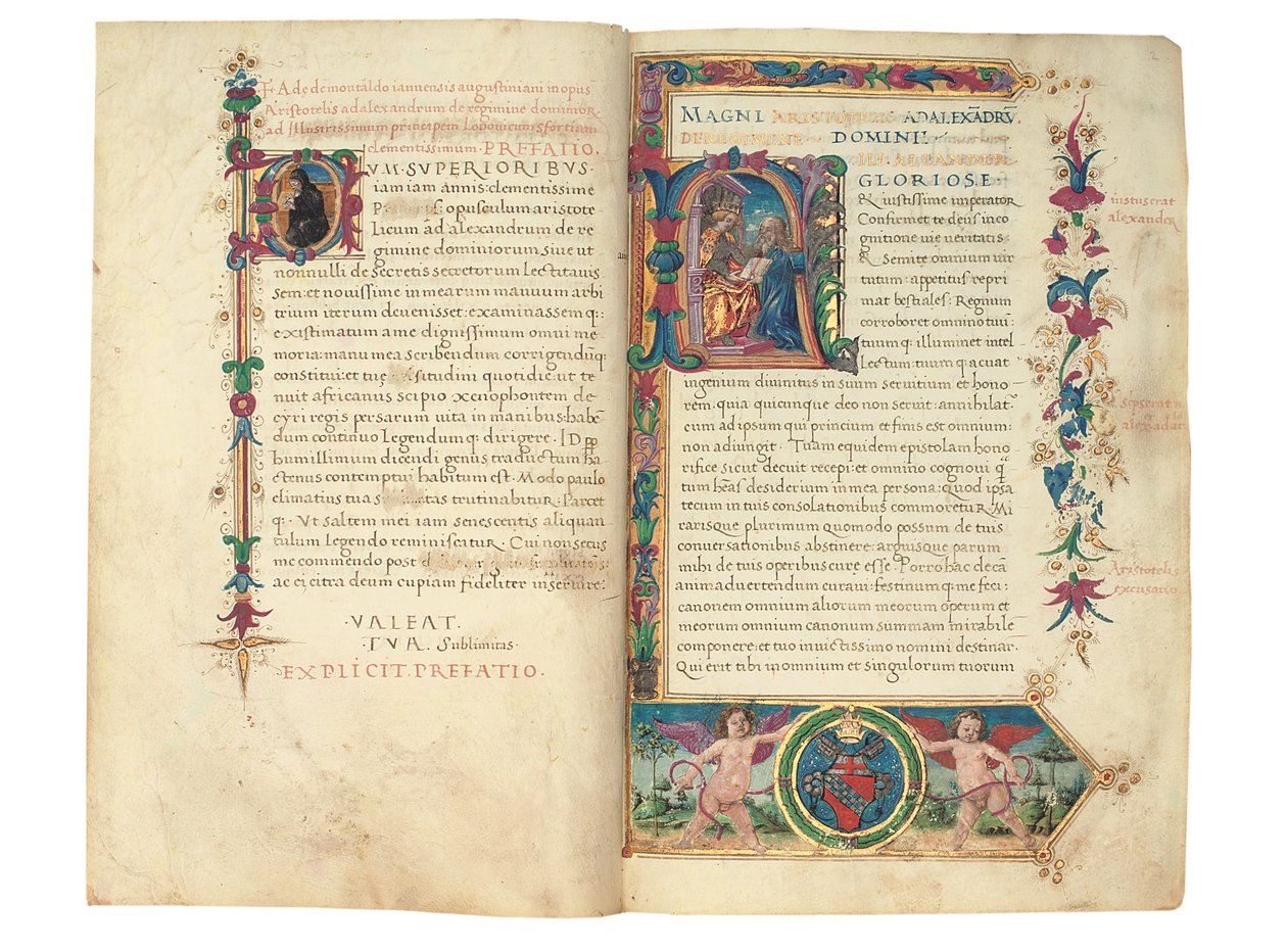 PSEUDO-ARISTOTLE, Secreta secretorum; "MARDOCHEUS IUDEUS", Epistola ad Alexandrum de cognitione veri dei; ADAM DE MONTALDO (k. n. 1450-1495), Divinitus prolata iudicia sive premonita; Quedam alia summatim posita iudicia, Rooma, n. 1490 (muste ja väri vellu tekijältä Italian School