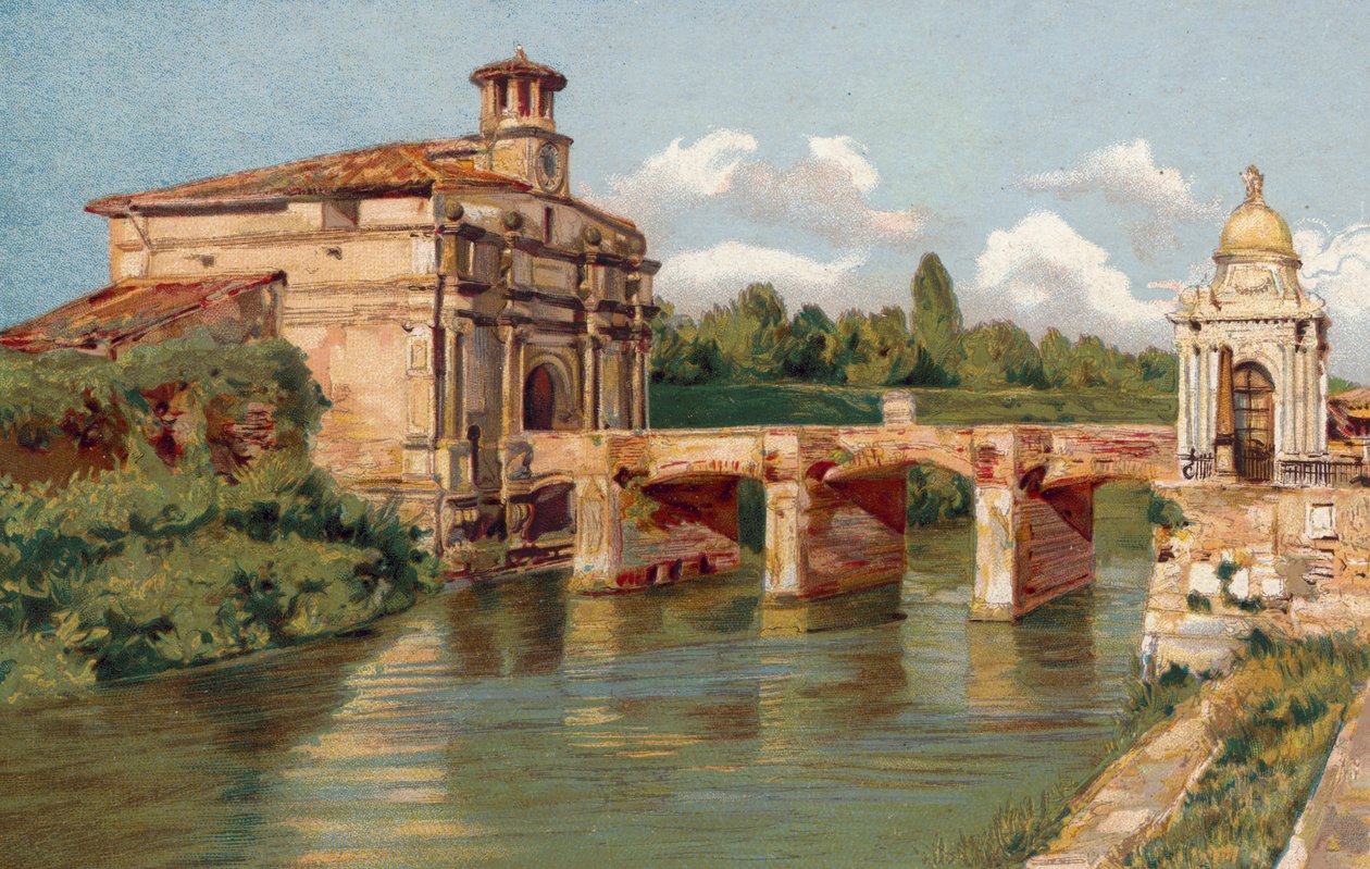 Padova / Padova: Bacchiglionen silta (chromolitho): Porta Venezia ja Bacchiglionen silta (chromolitho) tekijältä Italian School