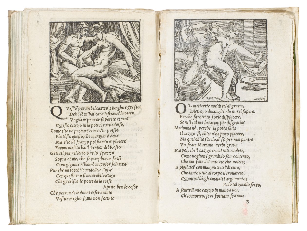 Sivu Pietro Aretinon "Sonetti Lussuriosista", kuvittanut Giulio Romano ja kaivertanut Marcantonio Raimondi, julkaistu Venetsia, n. 1527 tekijältä Italian School