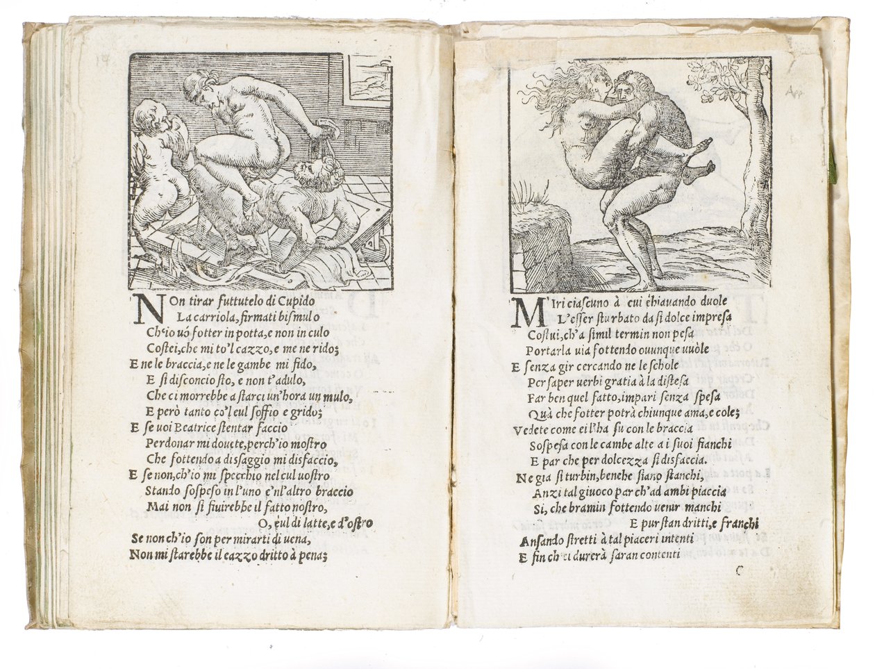 Sivu Pietro Aretinon "Sonetti Lussuriosista", kuvittanut Giulio Romano ja kaivertanut Marcantonio Raimondi, julkaistu Venetsia, n. 1527 tekijältä Italian School