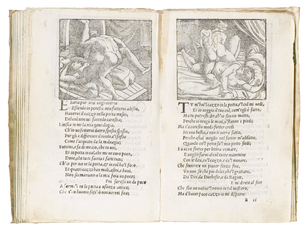 Sivu Pietro Aretinon "Sonetti Lussuriosista", kuvittanut Giulio Romano ja kaivertanut Marcantonio Raimondi, julkaistu Venetsia, n. 1527 tekijältä Italian School