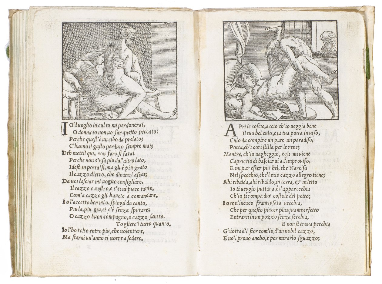 Sivu Pietro Aretinon "Sonetti Lussuriosista", kuvittanut Giulio Romano ja kaivertanut Marcantonio Raimondi, julkaistu Venetsia, n. 1527 tekijältä Italian School