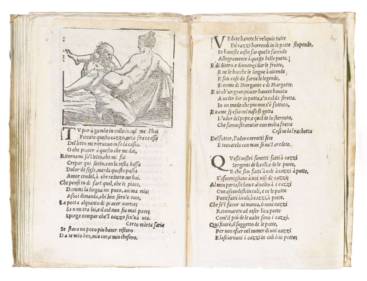 Sivu Pietro Aretinon "Sonetti Lussuriosista", kuvittanut Giulio Romano ja kaivertanut Marcantonio Raimondi, julkaistu Venetsia, n. 1527 (paino & puupiirros) tekijältä Italian School