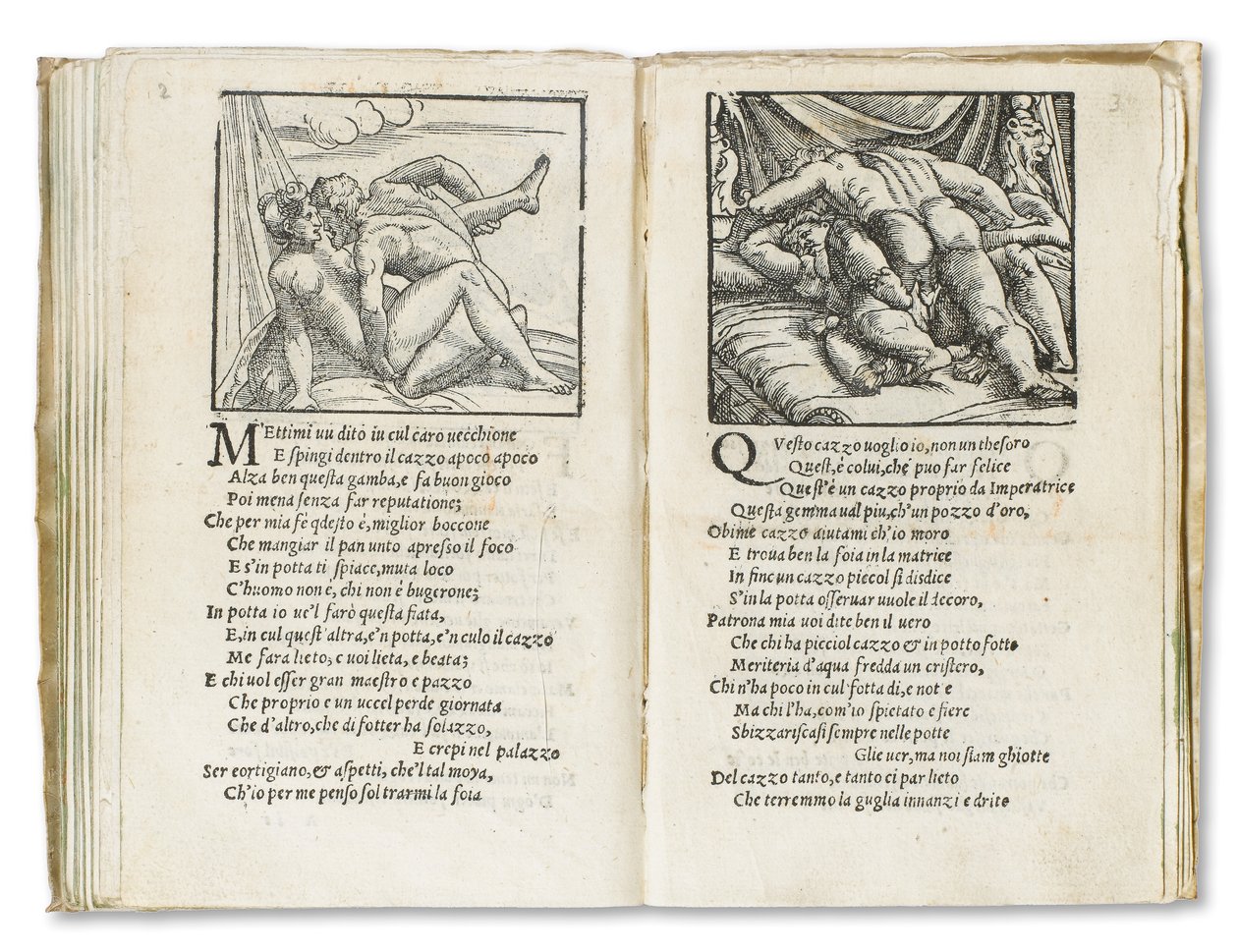 Sivu Pietro Aretinon "Sonetti Lussuriosista", kuvittanut Giulio Romano ja kaivertanut Marcantonio Raimondi, julkaistu Venetsia, n. 1527 (paino & puupiirros) tekijältä Italian School