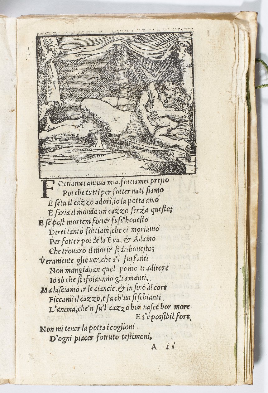 Sivu Pietro Aretinon "Sonetti Lussuriosista", kuvittanut Giulio Romano ja kaivertanut Marcantonio Raimondi, julkaistu Venetsia, n. 1527 (paino & puupiirros) tekijältä Italian School