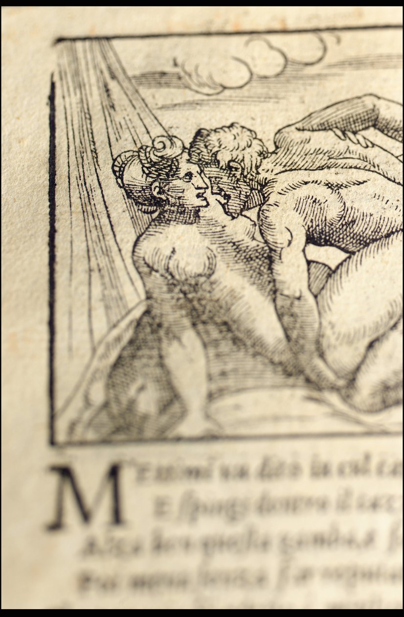 Sivu Pietro Aretinon "Sonetti Lussuriosista", kuvittanut Giulio Romano ja kaivertanut Marcantonio Raimondi, julkaistu Venetsia, n. 1527 (paino & puupiirros) tekijältä Italian School