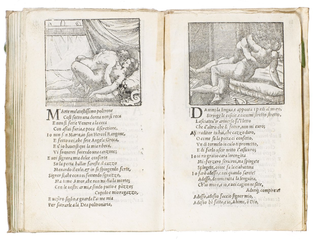 Sivu Pietro Aretinon "Sonetti Lussuriosista", kuvittanut Giulio Romano ja kaivertanut Marcantonio Raimondi, julkaistu Venetsia, n. 1527 (paino & puupiirros) tekijältä Italian School