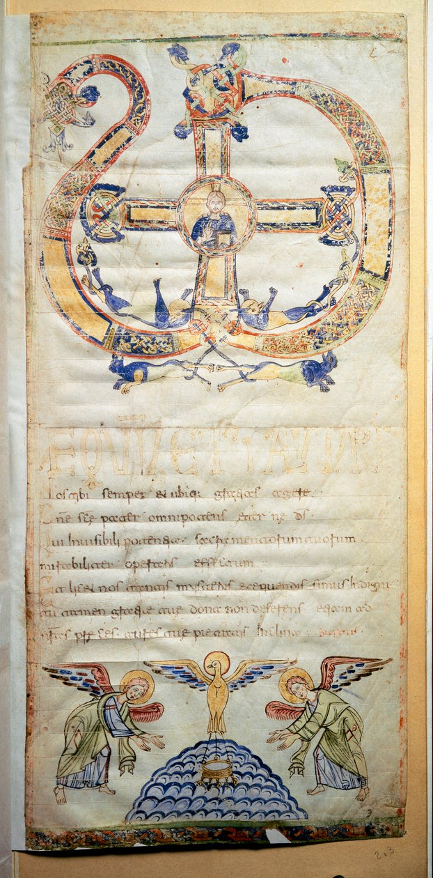 Paavin sivu, joka sisältää Evequen suorittamat rukoukset ja seremoniat (Ms.724/1-Carta3) Käsikirjoitus 10. vuosisadalta. Rooma, Biblioteca Casanatense tekijältä Italian School