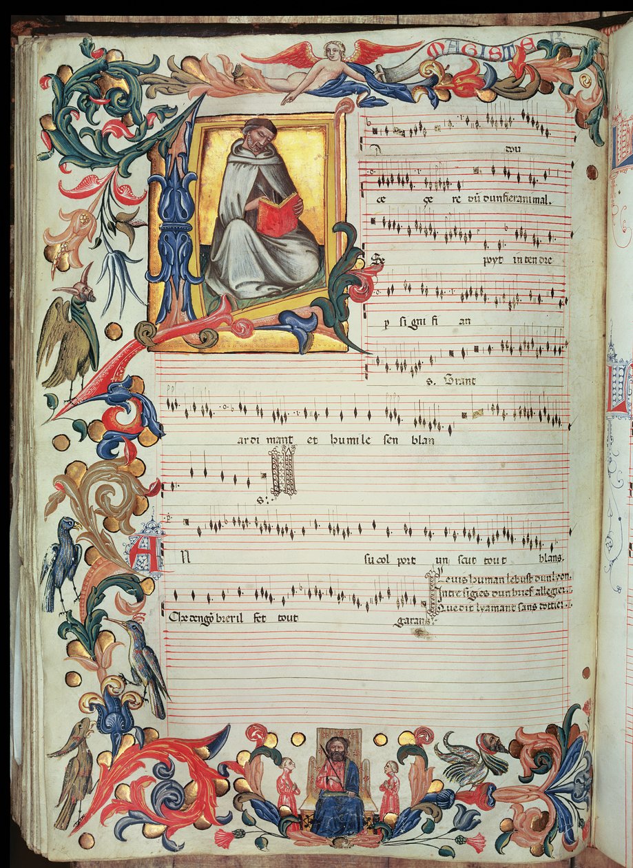 Sivu nuotteja historiallisella alkukirjaimella, Squarcialupi Codexista, tuotettu firenzeläisessä S. Maria degli Angelin luostarissa (vellum) tekijältä Italian School