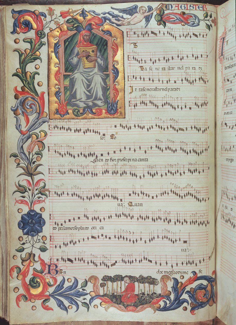 Sivu nuotteja historiallisilla nimikirjaimilla, Squarcialupi Codexista, tuotettu firenzeläisessä S. Maria degli Angelin luostarissa (vellum) tekijältä Italian School