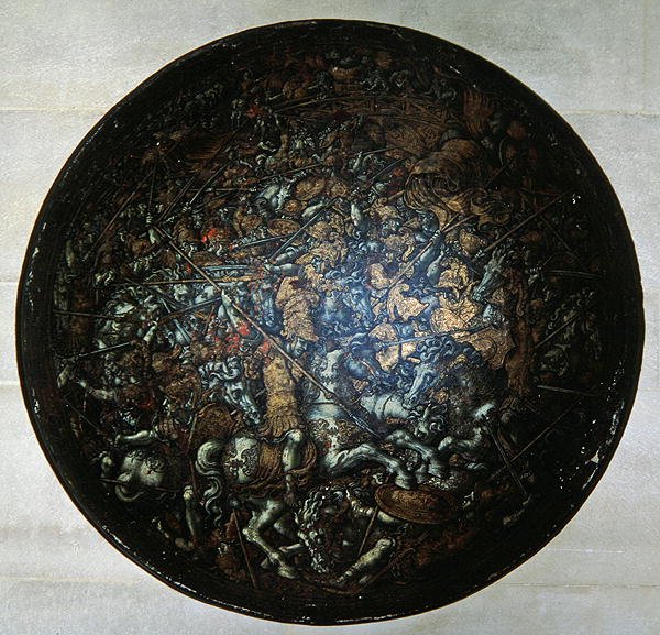 Pageant Shield, jossa on kohtauksia Rooman historiasta (maalattu puu) tekijältä Italian School