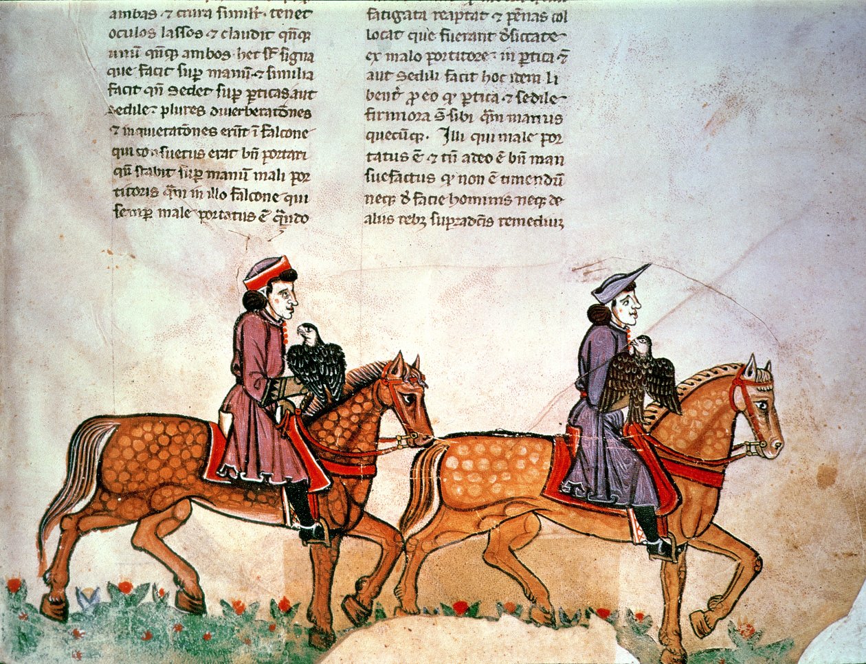 Pal Lat 1071 Frederick II: Kaksi ratsumiestä haukkojen kanssa, De Artesta Metsästys lintujen kanssa tekijältä Italian School