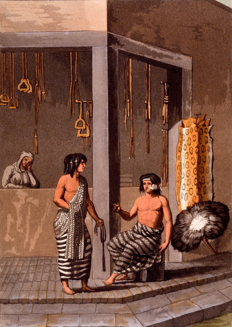 Pampas-intiaanit kaupassa nimeltä Indiano, Calle de-los-Torres, Buenos Aires, noin 1820-30-luvut tekijältä Italian School