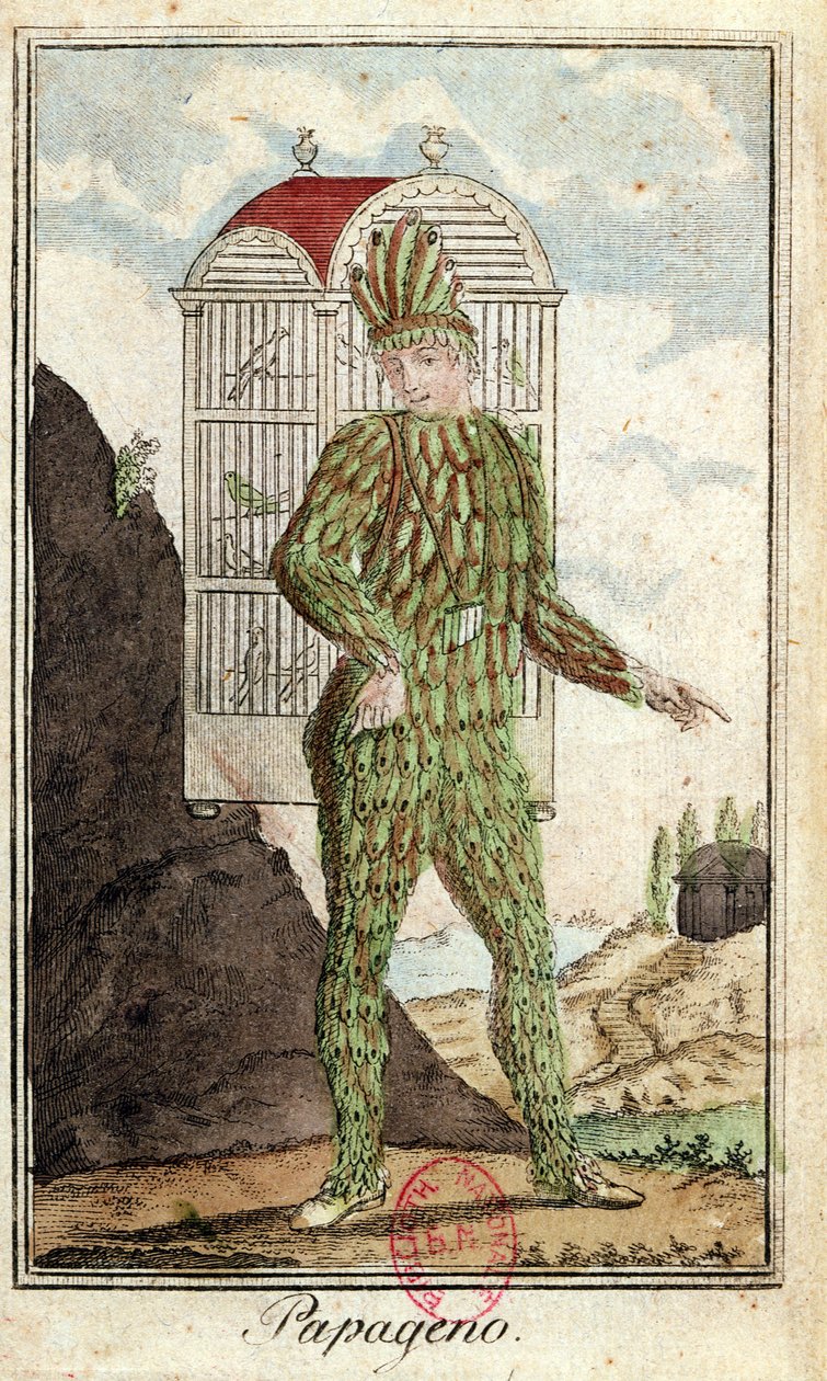 Papageno, lintujensieppaaja, Wolfgang Amadeus Mozartin (1756-91) Taikahuilusta tekijältä Italian School