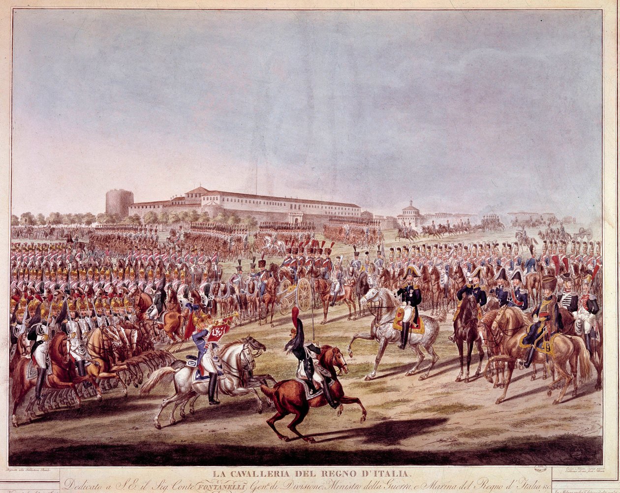 Italian kuningaskunnan italialaisen ratsuväen paraati. Printtejä 1800-luvun alusta tekijältä Italian School