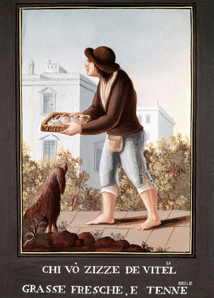 Petites Metiers Napolitans: lehmän utaremyyjä - (Vanha kauppa: lehmän utaremyyjä) 1800-luvun akvarelli - Napoli Museo Nazionale di San Martino tekijältä Italian School
