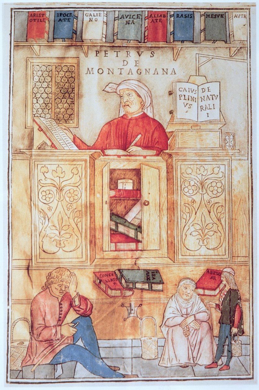 Petrus de Montagnana, kuvitus Jean de Kethamin teoksesta "Fasciculus Medicinae", julkaistu Venetsiassa 1495 (värillinen puupiirros) tekijältä Italian School