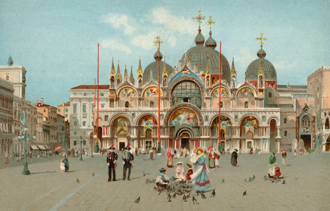 Piazza San Marco ja Pyhän Markuksen basilika, Venetsia, Italia (kromoliittikuvaus) tekijältä Italian School