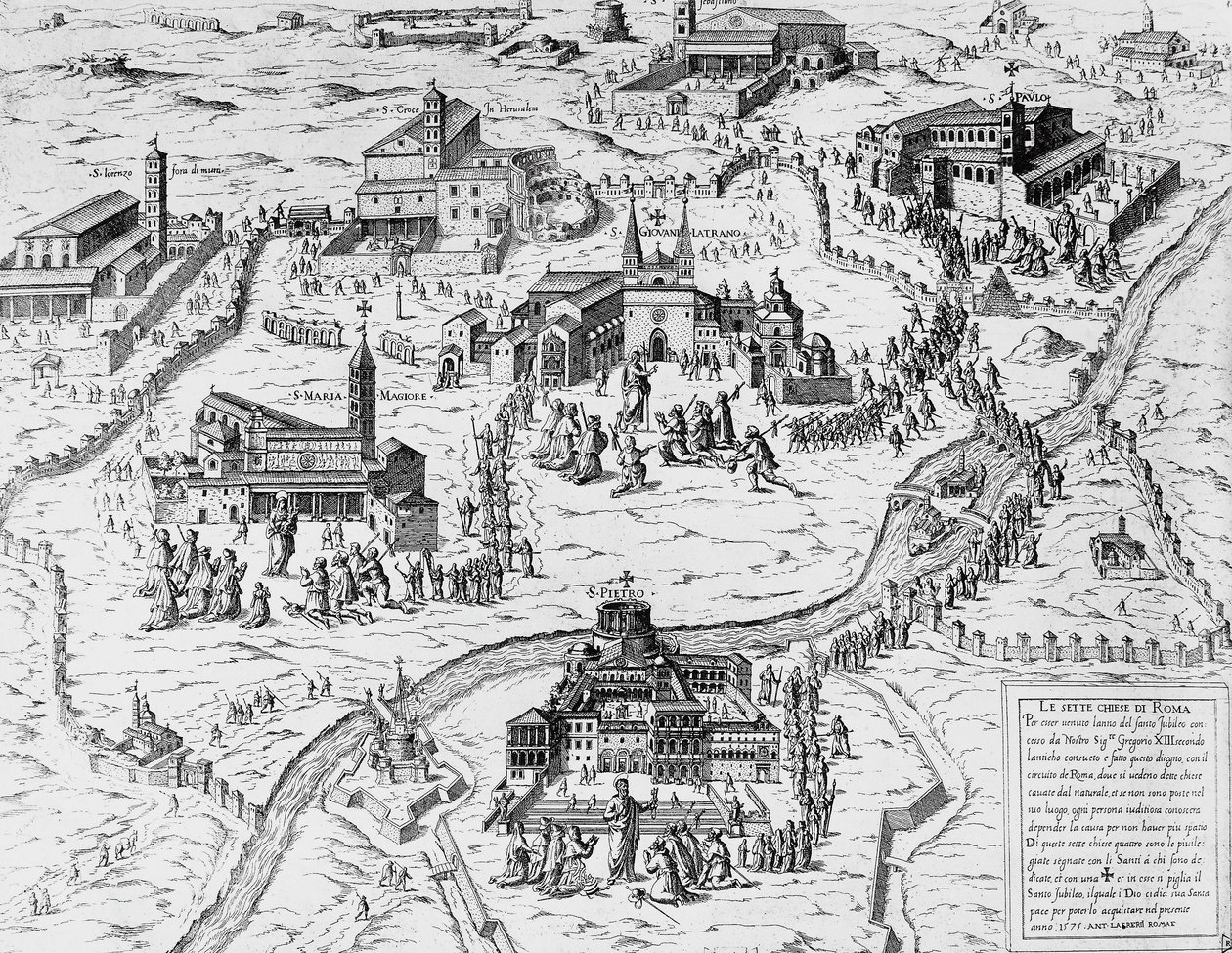 Pyhiinvaeltajat vierailevat seitsemässä Rooman kirkossa pyhänä vuonna 1575, kaiverrus, Italia tekijältä Italian School