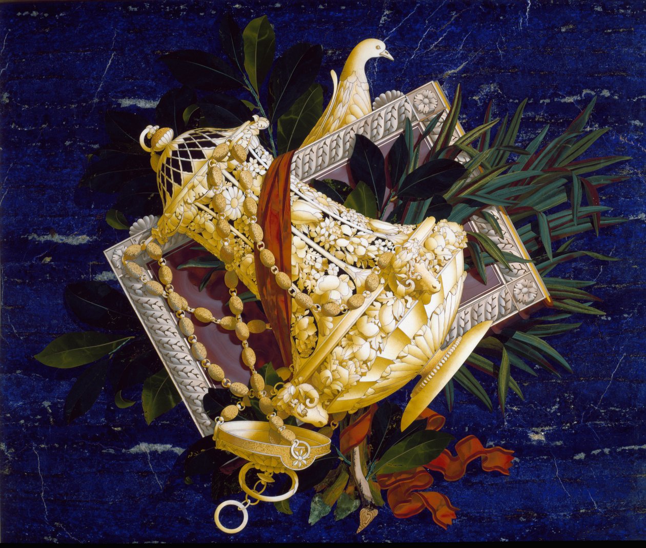 Kannu ja lehtiä. (Marquetry upotekoristeista marmoria tekijältä Italian School