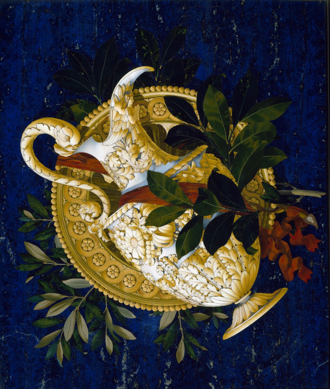 Kannu ja lehtiä. (Marquetry upotekoristeista marmoria tekijältä Italian School