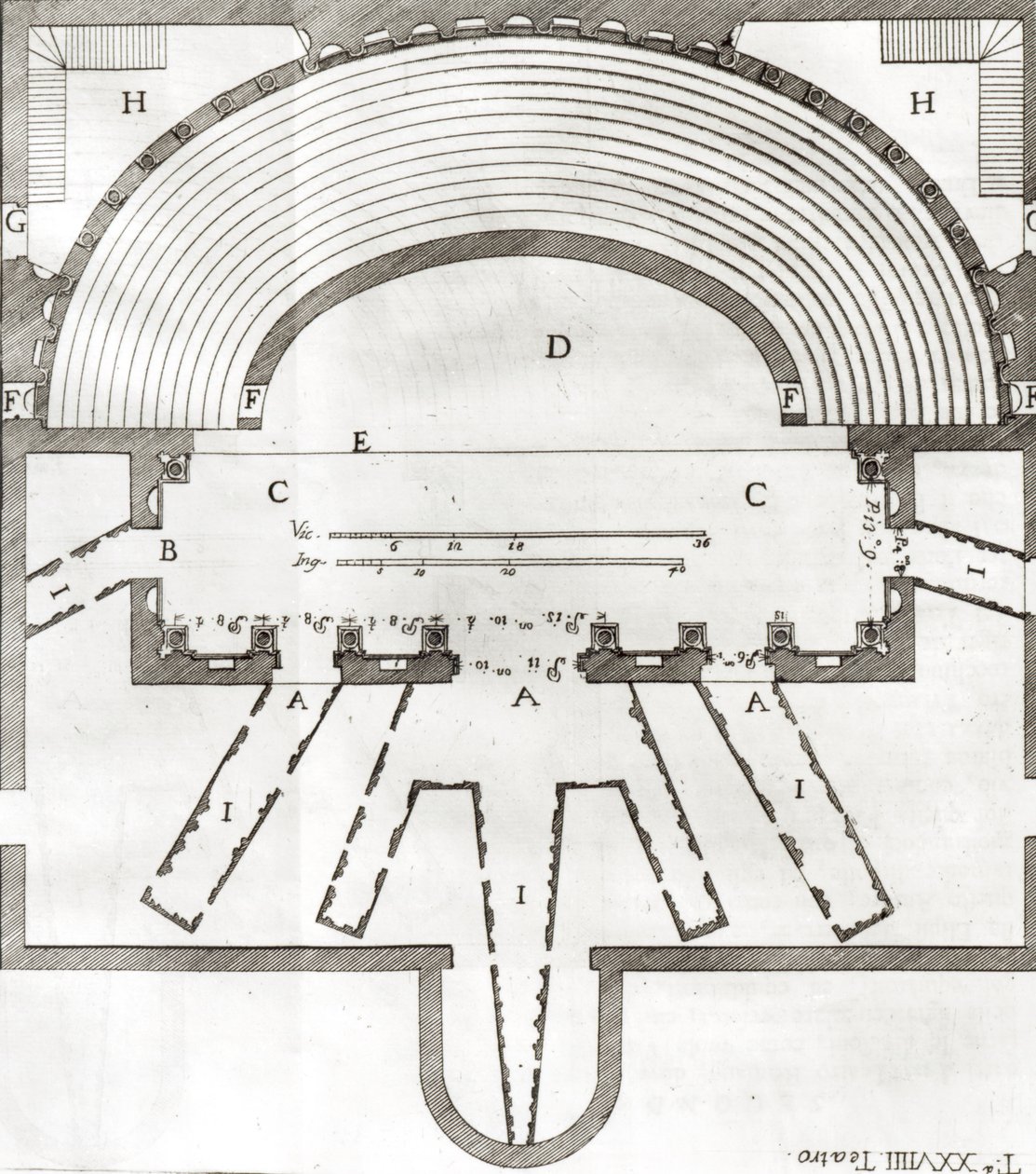 Vicenzan olympiateatterin suunnitelma, suunnitellut Andrea Palladio (1508-80), rakennettu 1580-85 tekijältä Italian School
