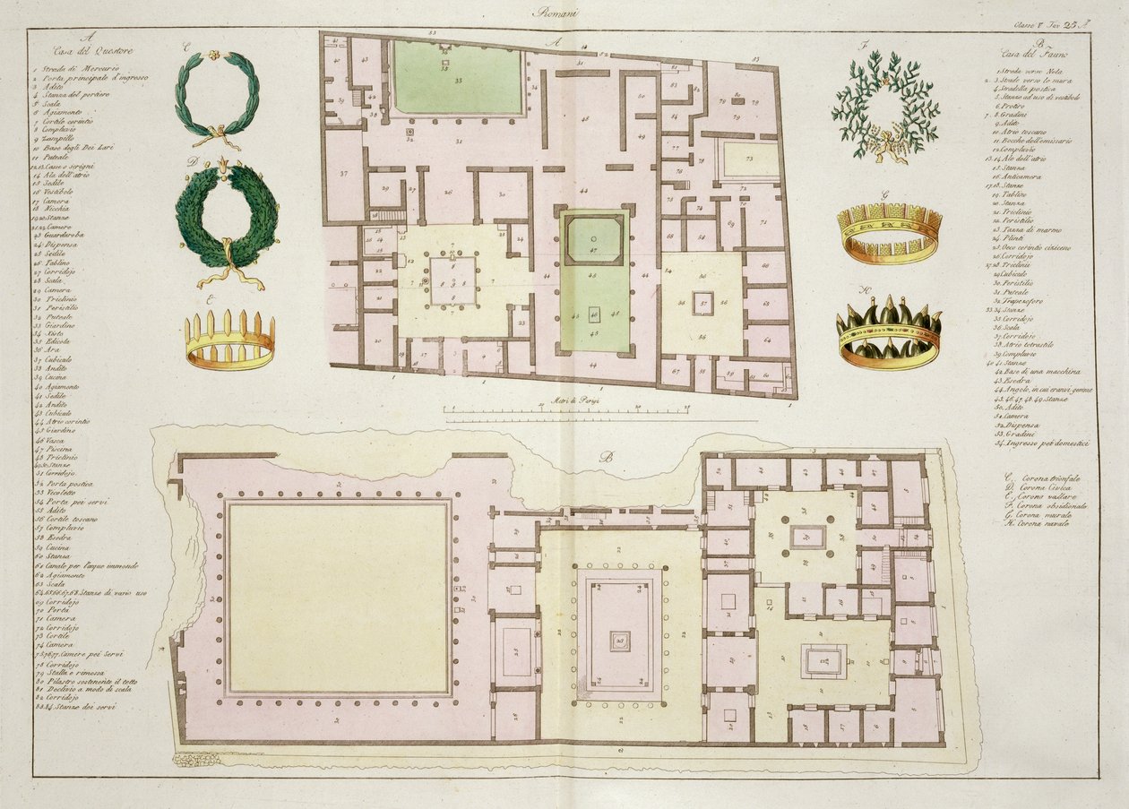 Suunnitelmat Questorin talosta ja Faunin talosta, Pompejista, levy 25A, luokka 5 Kansakuntien historian osasta I (akvatinta) tekijältä Italian School