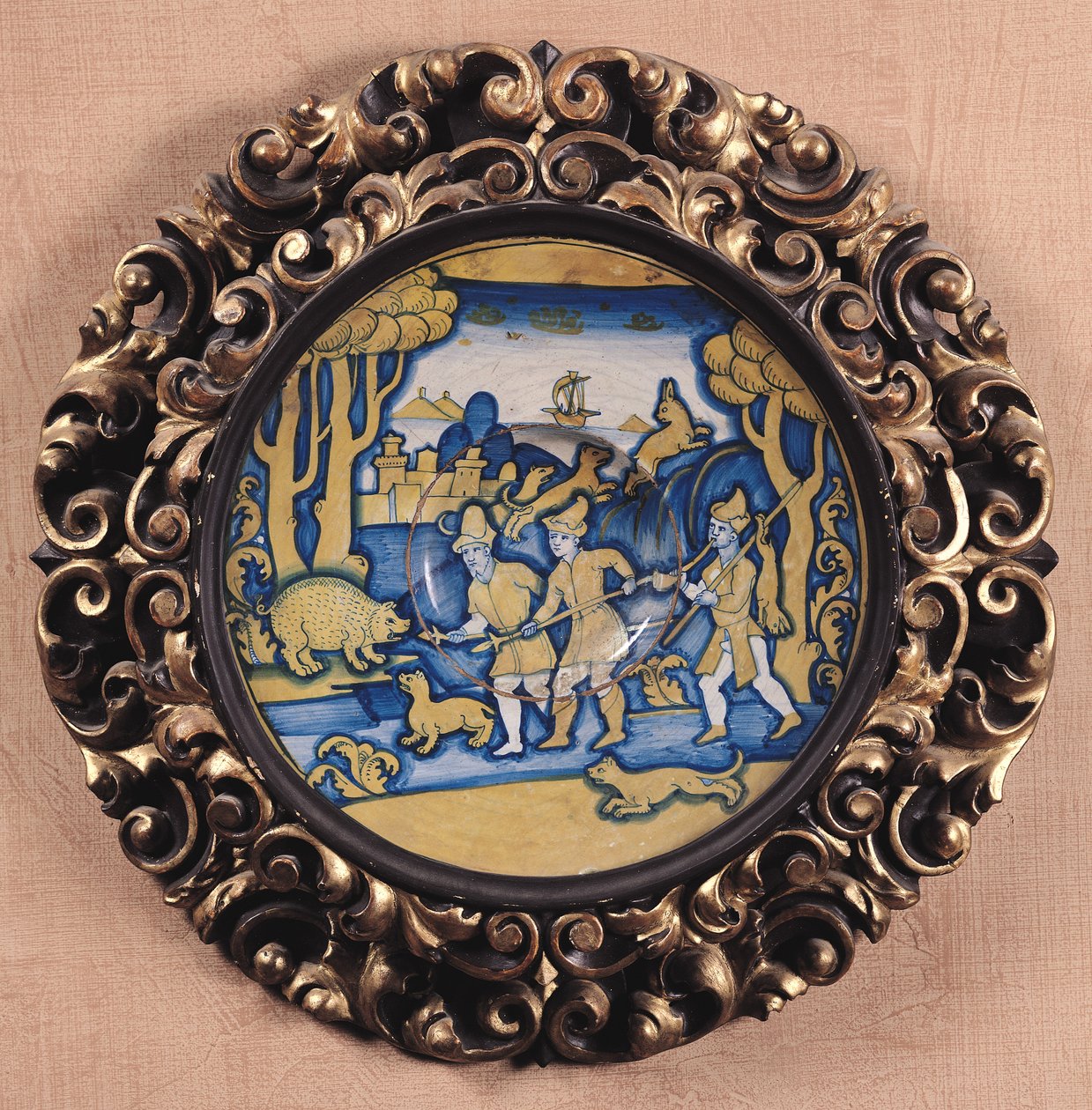 Metsästyskohtauksella koristeltu lautanen, Deruta Workshop, n. 1540-45 (maiolica) tekijältä Italian School