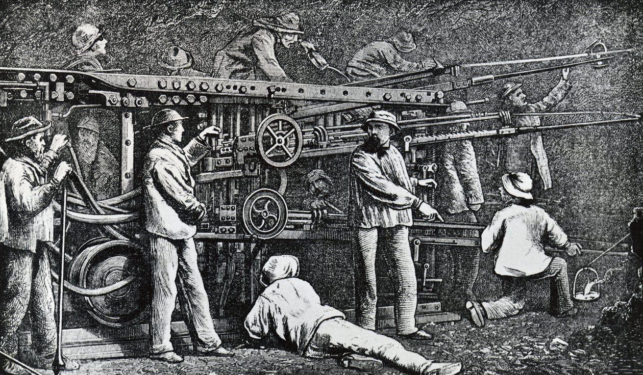 Giovanni Battista Piattin luoma ja Germano Sommeiller (1815-1871) täydentämä pneumaattinen kallioporakone, kaiverrus Italiassa tekijältä Italian School