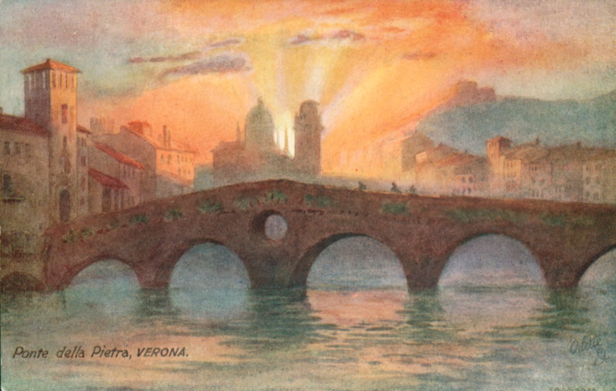 Ponte Pietra, vanhin roomalainen silta, Verona, Italia (värilitro) tekijältä Italian School