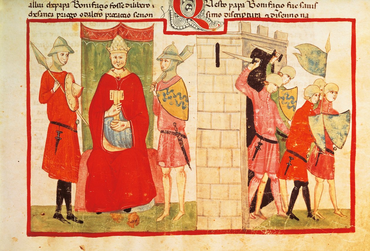 Paavi Bonifatius VIII Anagnissa ja Sciarra Colonnan (Giacomo Colonna) karkottaminen kaupungista, miniatyyri Giovanni Villanin kronikasta, käsikirjoitus Chigi L VIII 296 folio 176 recto, Italia 1300-luku. tekijältä Italian School