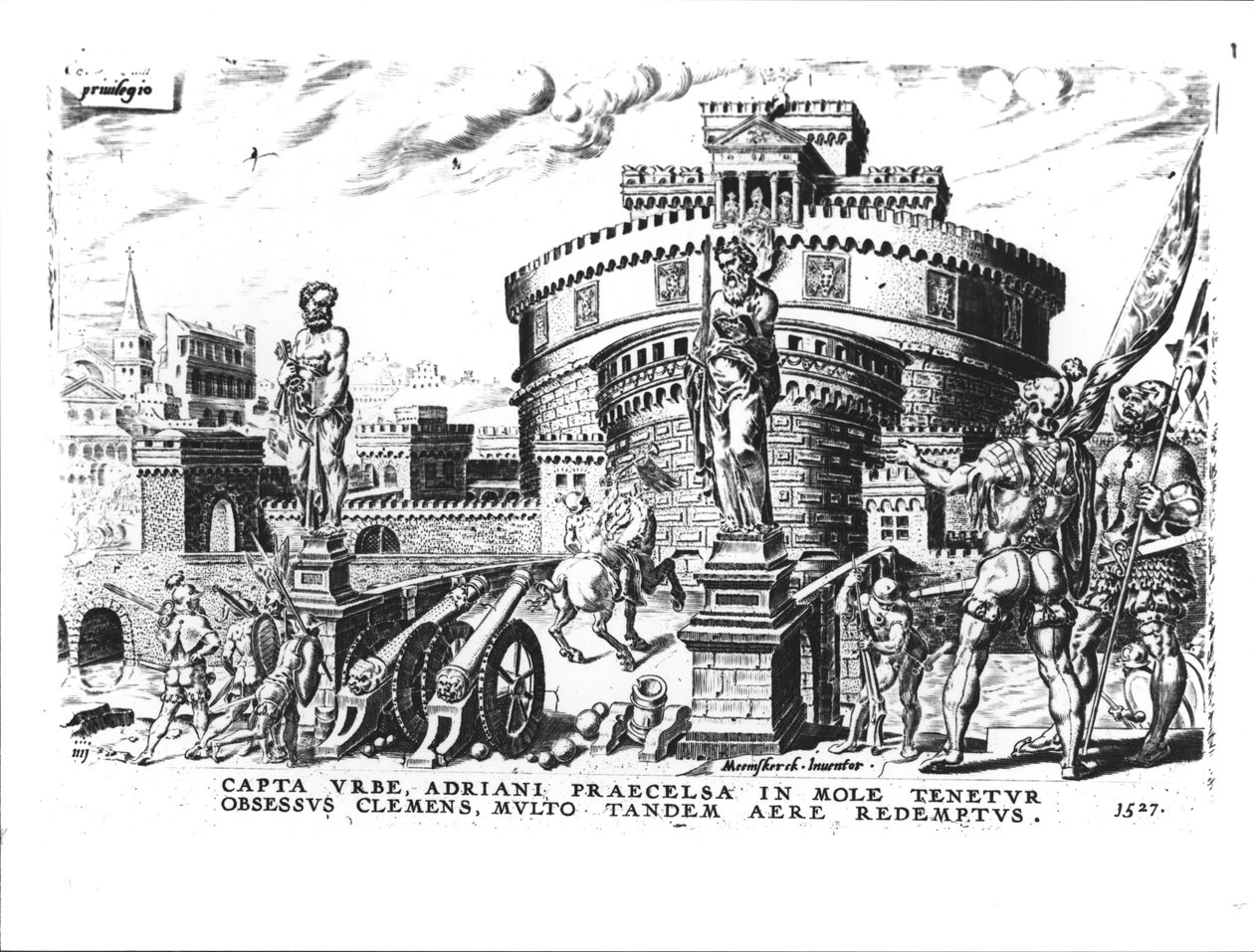 Kaarle V (1500-58) piiritti paavi Klemens VII (1478-1534) korkealla Hadrianuksen tornissa, 1527 tekijältä Italian School