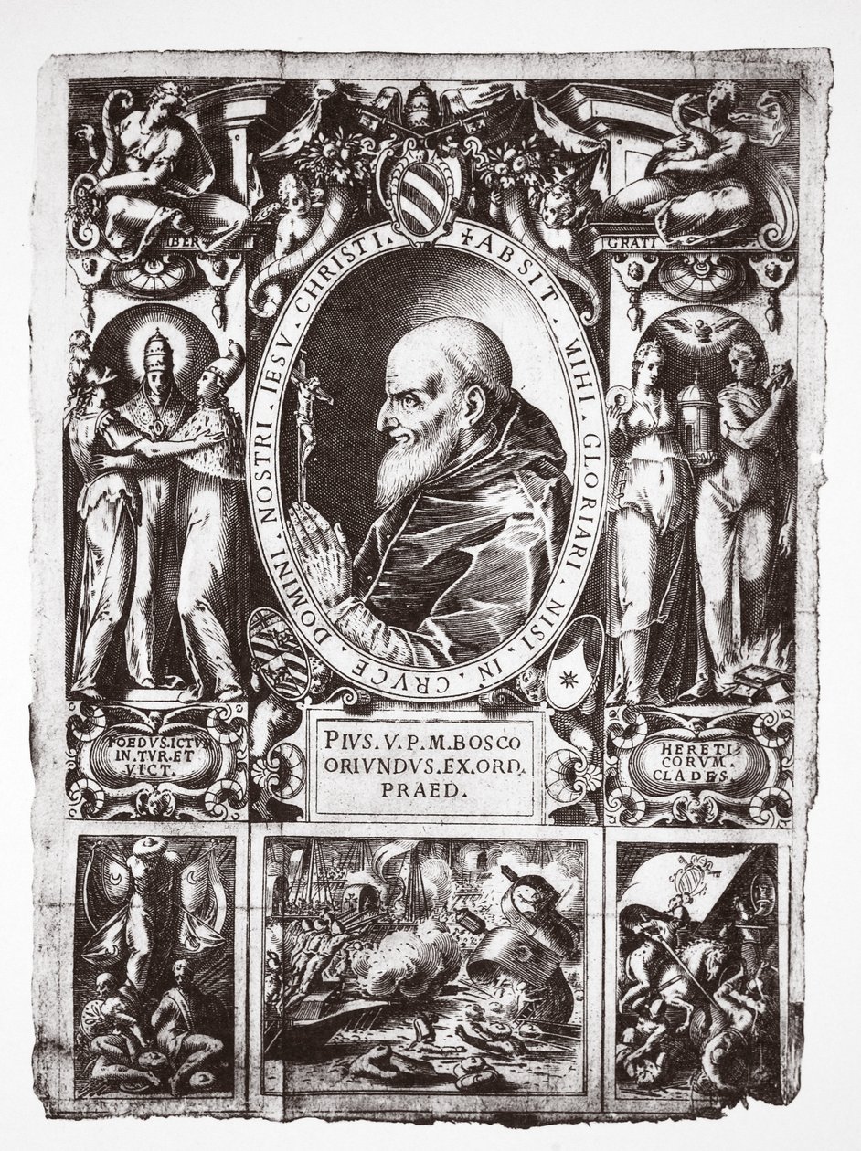 Paavi Pius V Lepanton taistelun vinjeteillä, Vita del Gloriosissimo Papa Pio Quinto, pub. 1586 tekijältä Italian School