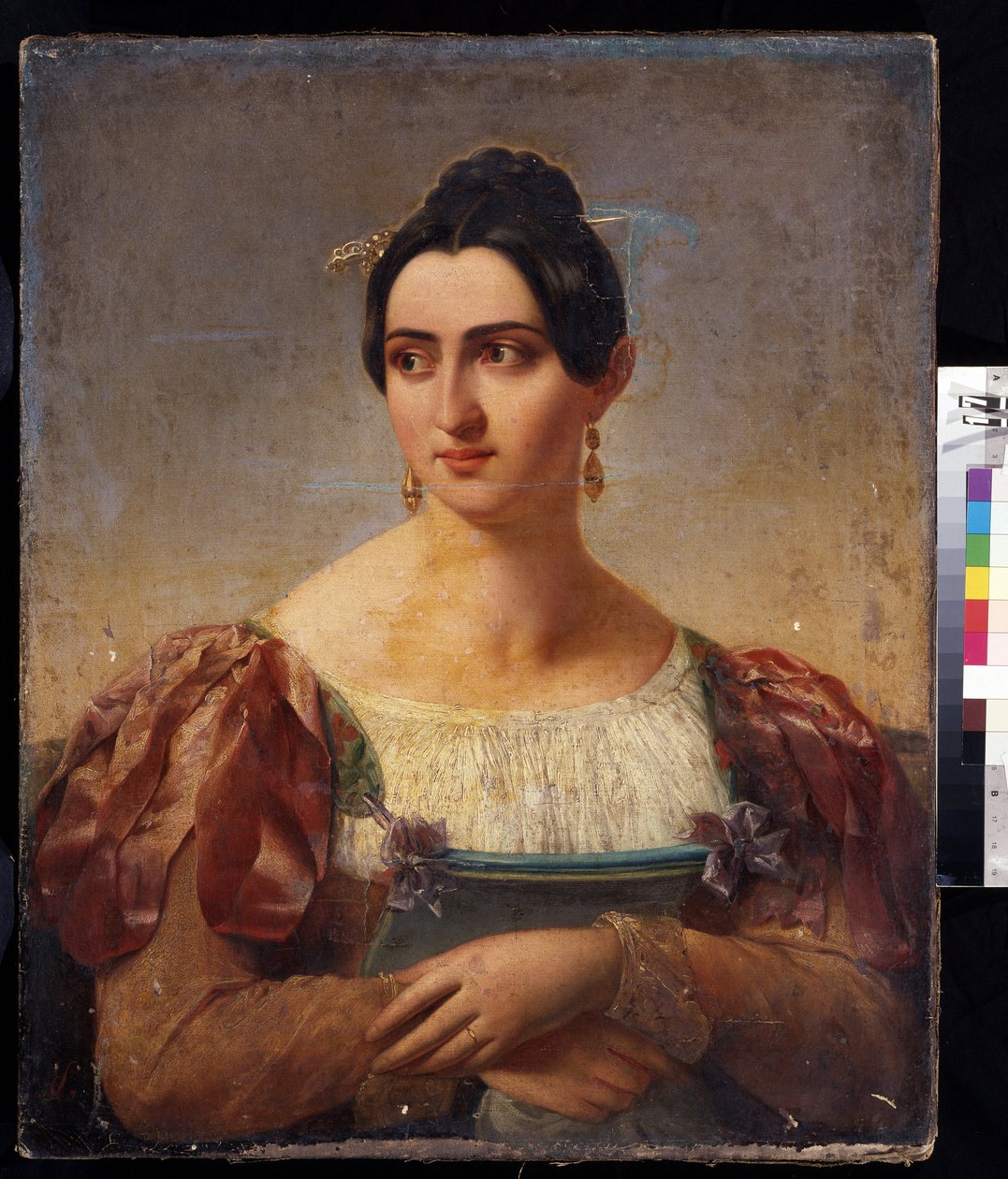""Naisen muotokuva"" (Naisen muotokuva) Italian aateliston nuori nainen, pukeutunut mekkoon, jossa on nauhat olkapäillä. Italian koulun maalauksia 1800-luvun alusta. Pushkin-museo, Moskova tekijältä Italian School