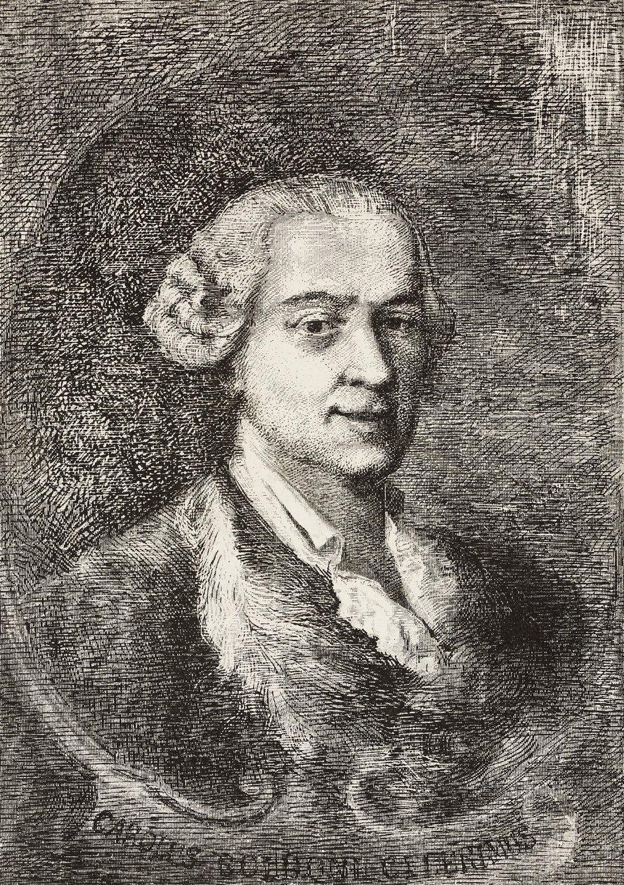 Muotokuva Carlo Goldonista (1707-1793), italialainen näytelmäkirjailija, Marco Pitterin kaiverrus Giambattista Piazzettan maalauksesta ja E Ximenesin piirustus, kaiverrus L