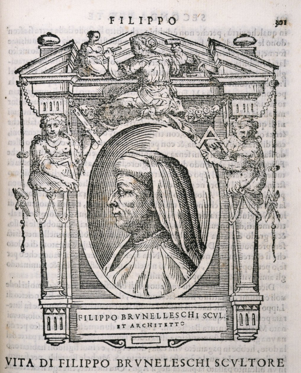 Filippo Brunelleschin (1377-1446) muotokuva Vasariksen taiteilijoiden elämästä, julkaistu ensimmäisen kerran 1550 tekijältä Italian School