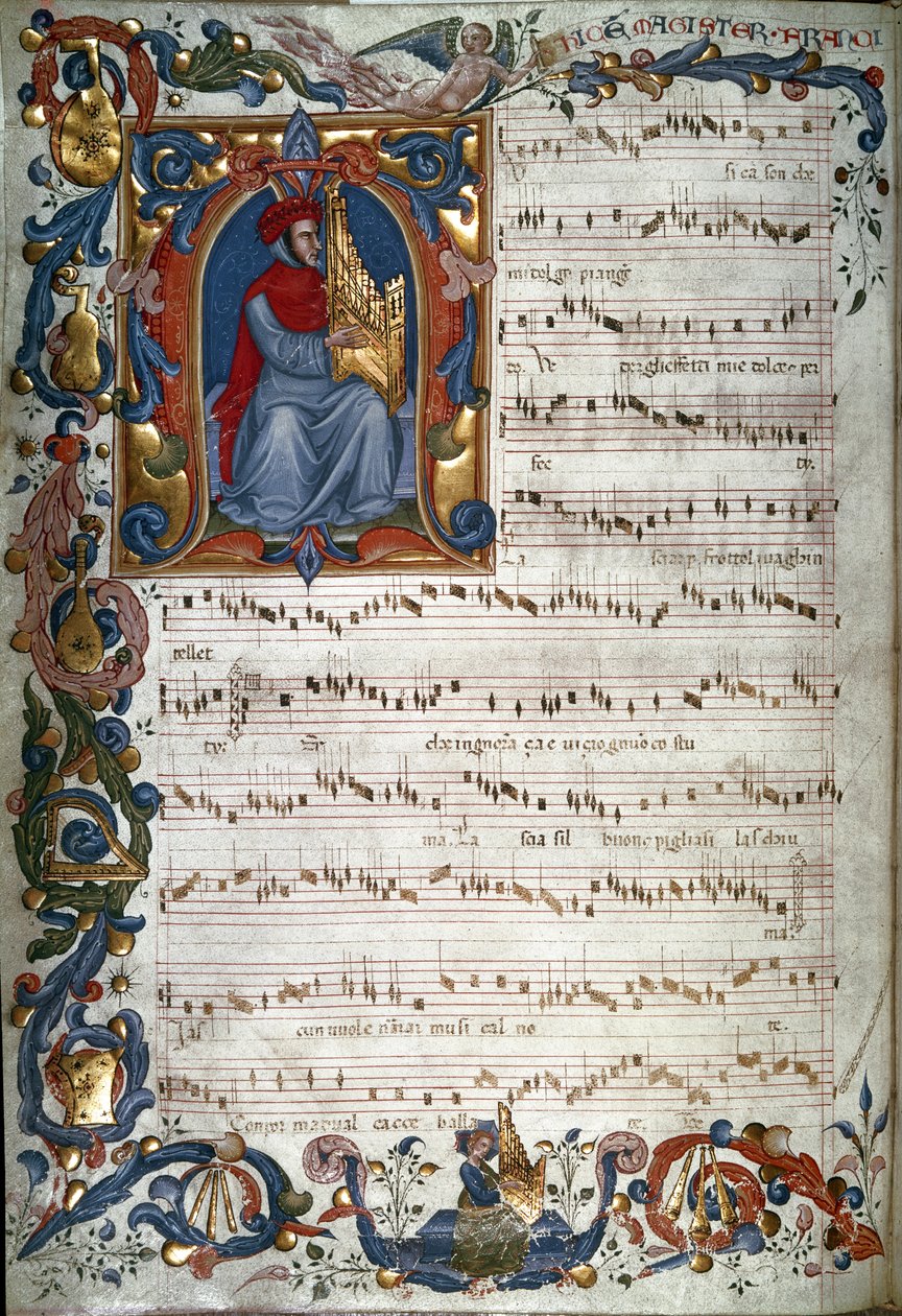 Francesco Landinon muotokuva ja nuotti, kuvitus "The Squarcialupi Codexista", n. 1325-35 tekijältä Italian School