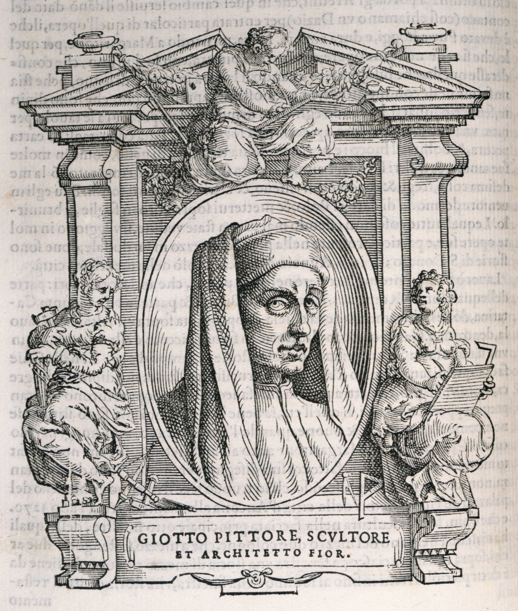 Giotto di Bondonen (n.1267-1337) muotokuva teoksesta Vasaris Lives of the Artists, julkaistu ensimmäisen kerran 1550 tekijältä Italian School