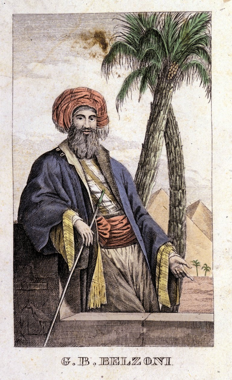 Muotokuva Giovanni Battista (Gianbattista) Belzonista (1778-1823), italialainen tutkimusmatkailija ja arkeologi, joka teki tärkeitä arkeologisia löytöjä Egyptissä. Kaiverrus - kirjassa "Matka Egyptiin ja Nubiaan", kirjoittanut Belzoni, Milano tekijältä Italian School