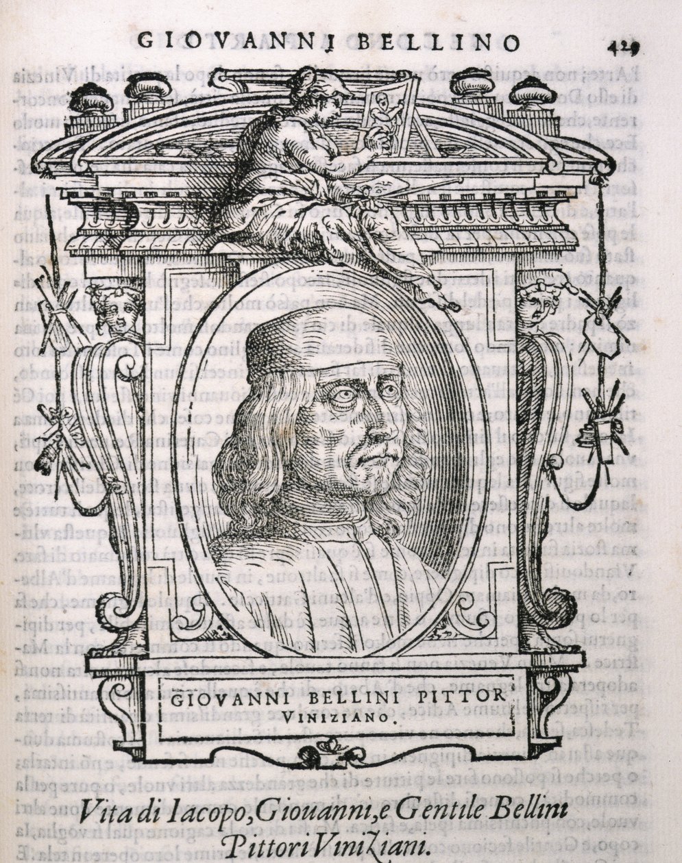 Giovanni Bellinin (n. 1431-1516) muotokuva teoksesta Vasaris Lives of the Artists, julkaistu ensimmäisen kerran 1550 tekijältä Italian School