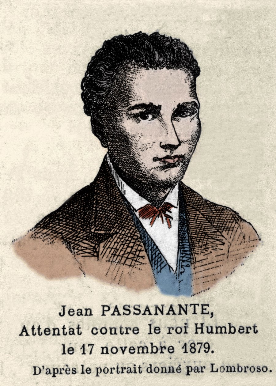 Muotokuva Giovanni Passannantesta (1849-1910), joka hyökkäsi Italian kuningasta Umberto I:tä (Humbert I) vastaan Napolissa vuonna 1878 Cesare Lombroson (1835-1909) muotokuvan jälkeen. Tämä tapahtuma inspiroi runoilija Giovanni Pascolia (1855-1912) tekijältä Italian School