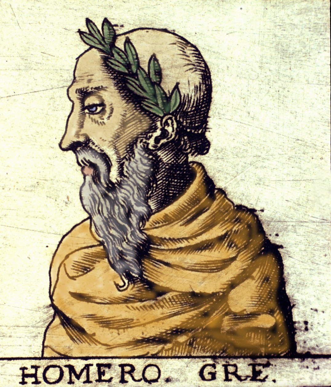 Homeroksen muotokuva (9. vuosisata eKr.). Kaiverrus vuodelta 1560 Urbano Monten atlasista tekijältä Italian School