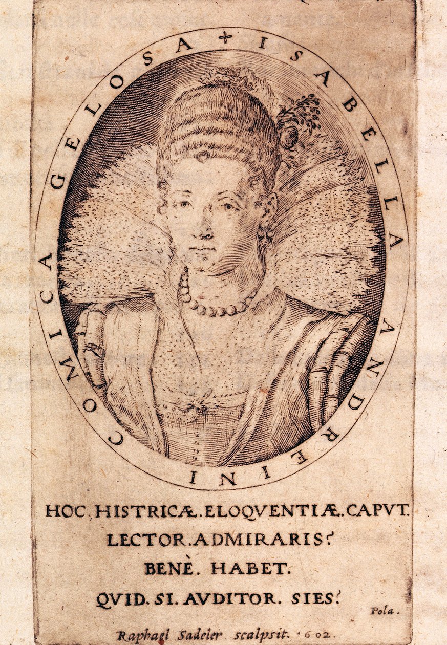 Muotokuva italialaisesta näyttelijästä Andreina Isabella Canalista (1562-1604), hänen kirjeensä otsikkosivu tekijältä Italian School